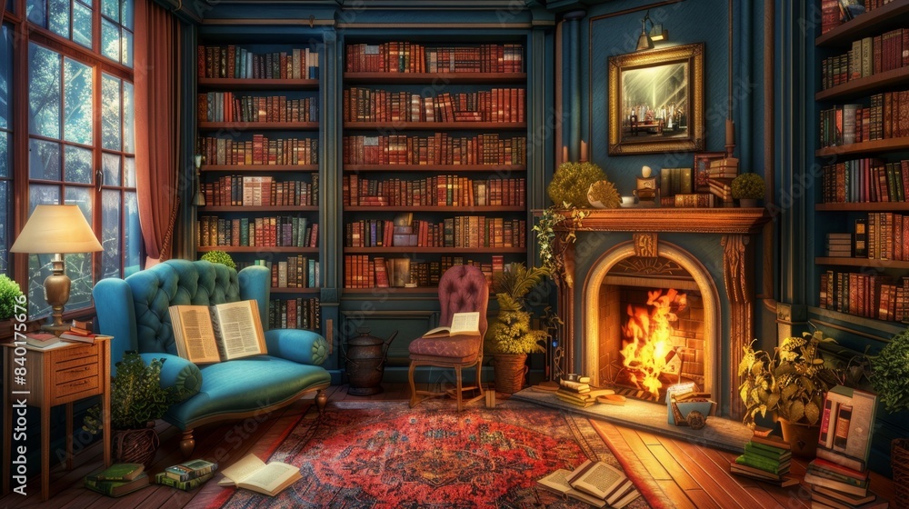 Enchanting Bookstore Ambiance Cozy Mysteries Crackling Fireplace and Blank Business Cards Await Enchanting Bookstore Ambiance Cozy Mysteries Crackling Fireplace and Blank Business Cards Await