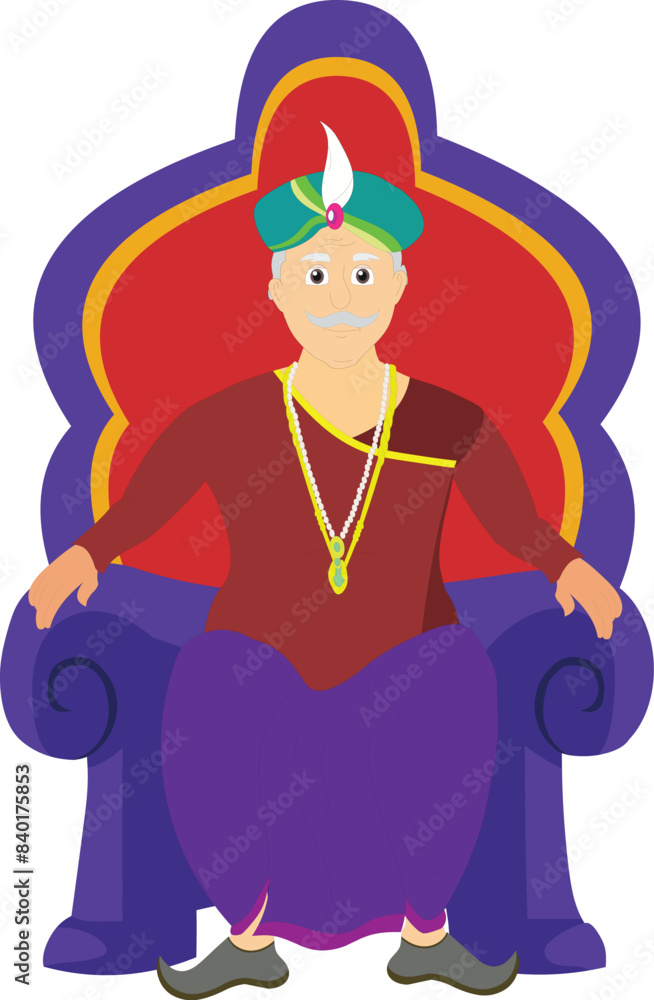 Fototapeta premium Indian king sitting on a throne . King sitting pose for cartoon animation