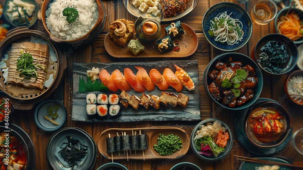Fototapeta premium Japanese food photographed from above in a flat lay style Copy space