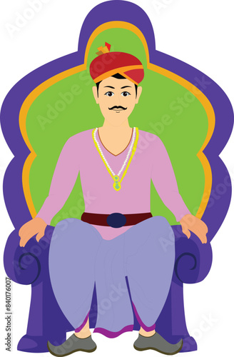 Indian king character sitting pose. Hindu king sitting on a royal throne. Asian king character. Indian courtier sitting character