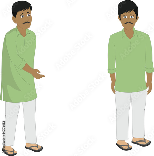 Indian Man character model sheet set for cartoon animation. Indian village poor man character wearing shirt pants