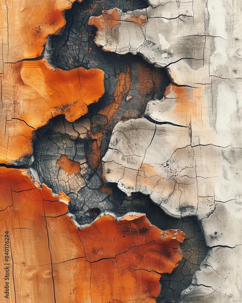 Close-up of textured, cracked paint on wooden surface with vibrant orange and grey tones, showcasing a rustic, weathered appearance. Close-up of textured, cracked paint on wooden surface with vibrant orange and grey tones, showcasing a rustic, weathered appearance.