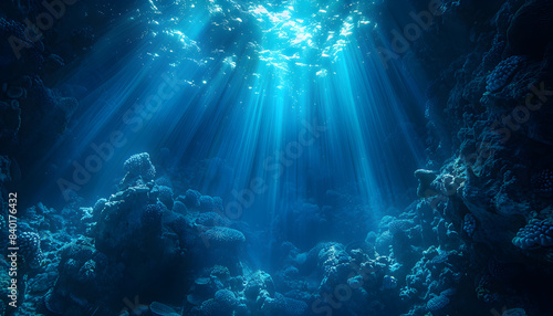 Underwater ocean with a blue abyss, illuminated by sunlight, creating a serene and beautiful diving and scuba background, perfect for marine exploration and aquatic adventures.