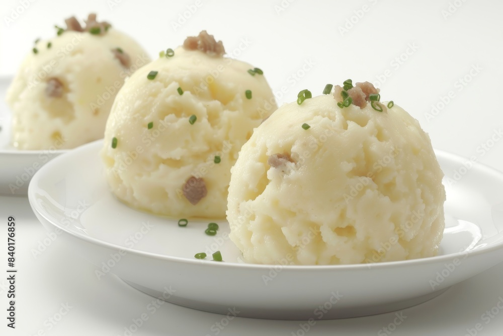 Creamy mashed potatoes with chives, served on a white plate, perfect for a comforting and hearty side dish Creamy mashed potatoes with chives, served on a white plate, perfect for a comforting and hearty side dish