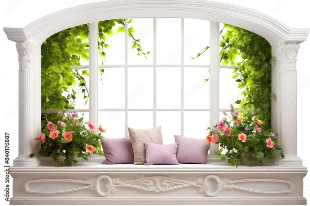 Fototapeta premium Charming bay window with cushioned window seat and blooming flowerpots, nestled amidst lush greenery, isolated on white background.