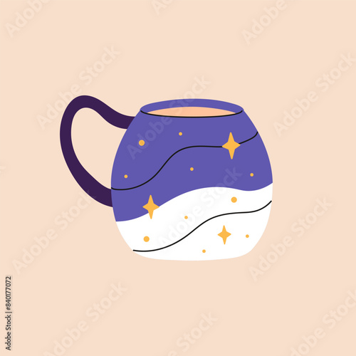 Ceramic mug with night sky pattern for drinks, water. Cute cup of coffee, tea decorated with stars, sparkles print. Design of pottery teacup with round shape. Flat isolated vector illustration