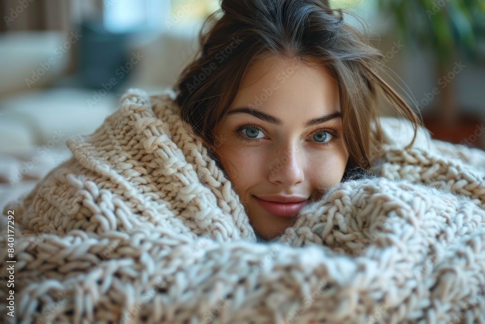 Female in blanket faces camera Female in blanket faces camera