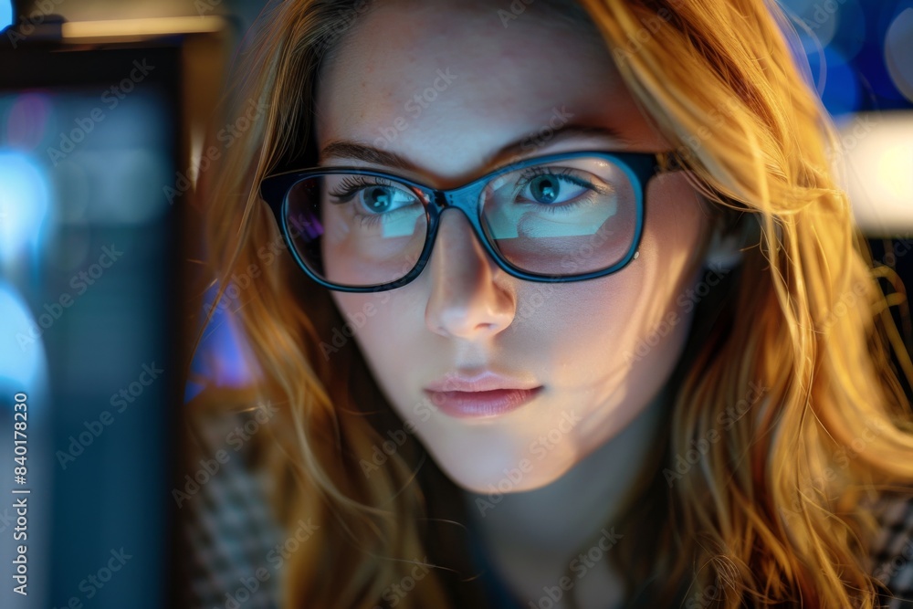 Woman in spectacles views monitor Woman in spectacles views monitor