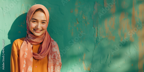 A portrait of a young smiling Muslim woman wearing a orange hijab against a green background studio with copy space for text