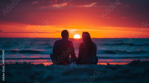 A couple sits on the beach watching the sunset  summer vacation.