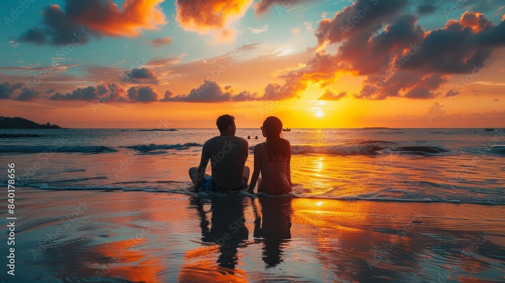 A couple sits on a beach at sunset, their silhouettes framed by the golden light, summer vacation.