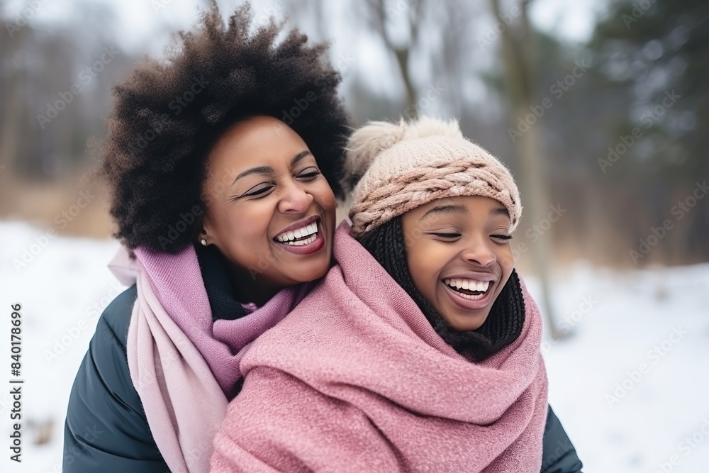 Obraz premium Portrait of a smiling modern mother and daughter of African-American women in knitted hats and sheepskin coats on the street in a city park. Hugging and smiling at the camera.