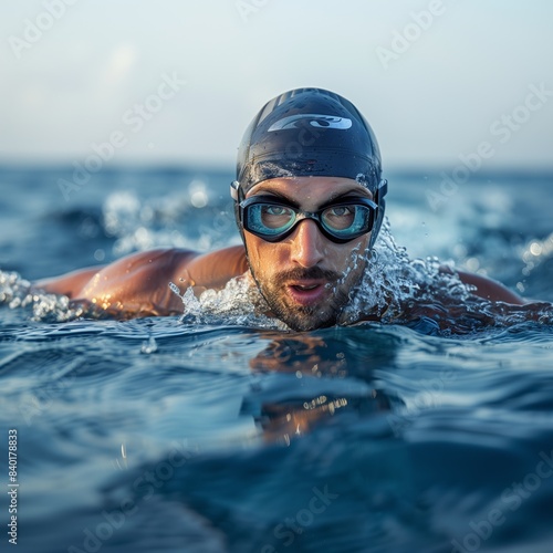 A man swims the crawl stroke in the open ocean