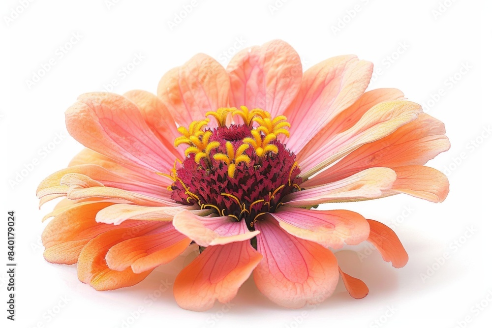 Pink flower and yellow stamens on white Pink flower and yellow stamens on white