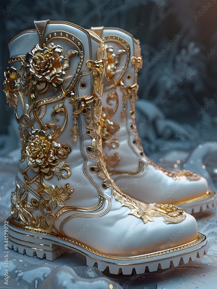 Fototapeta premium Pair of Exquisite Golden Boots with Intricate Metallic Detailing in a Minimalist Studio Setting