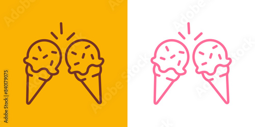Logo ice cream. Silueta con líneas de bola de helado en cono de waffle sabores fresa y chocolate haciendo un brindis