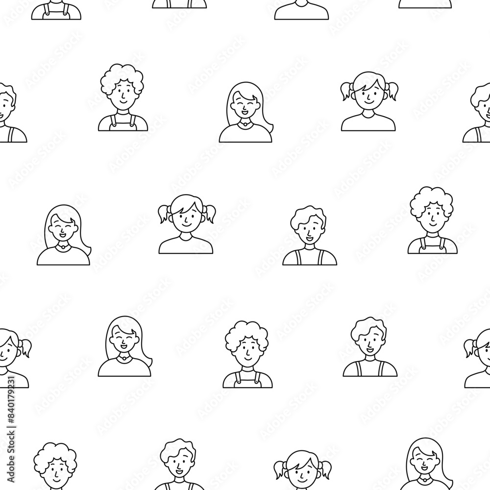 Kids different user profile. Seamless pattern. Coloring Page. Pretty girl and boy. Young people. Vector drawing. Design ornaments. Kids different user profile. Seamless pattern. Coloring Page. Pretty girl and boy. Young people. Vector drawing. Design ornaments.