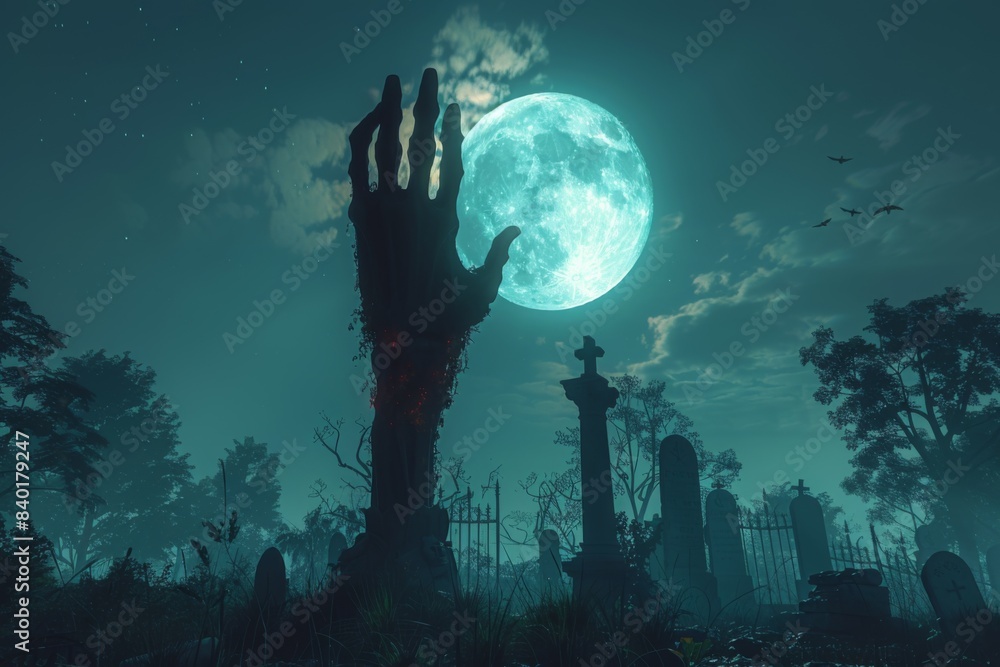 Undead limb emerging from tomb in cemetery Undead limb emerging from tomb in cemetery