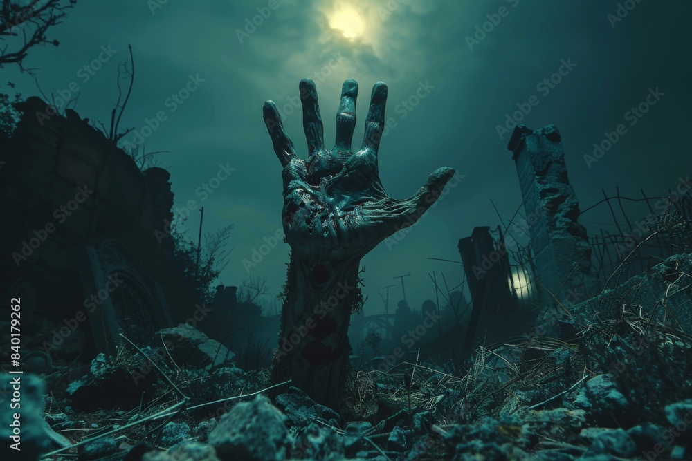 Fototapeta premium Hand emerging from grave in forest