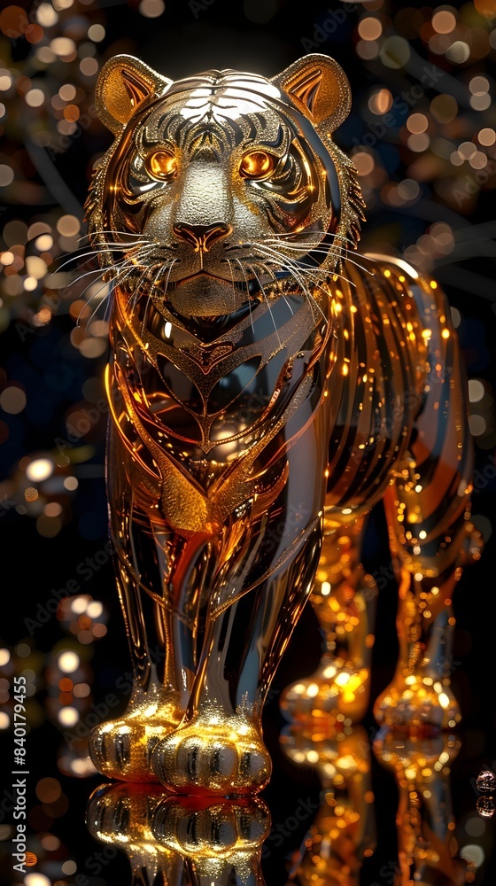 Fototapeta premium Majestic Golden Tiger Figurine Ornament Elegant 3D of Powerful Feline Design