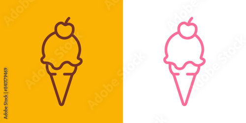 Logo ice cream. Silueta con líneas de helados con bola en cono de waffle sabores fresa y chocolate con cereza