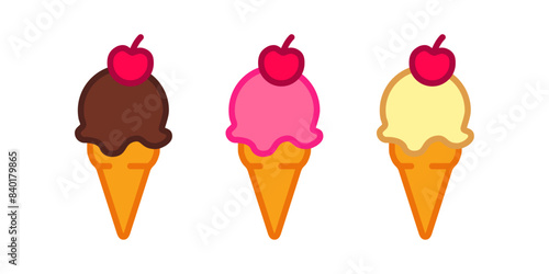 Logo ice cream. Grupo de helados con bola en cono de waffle sabores fresa, chocolate y vainilla con cereza