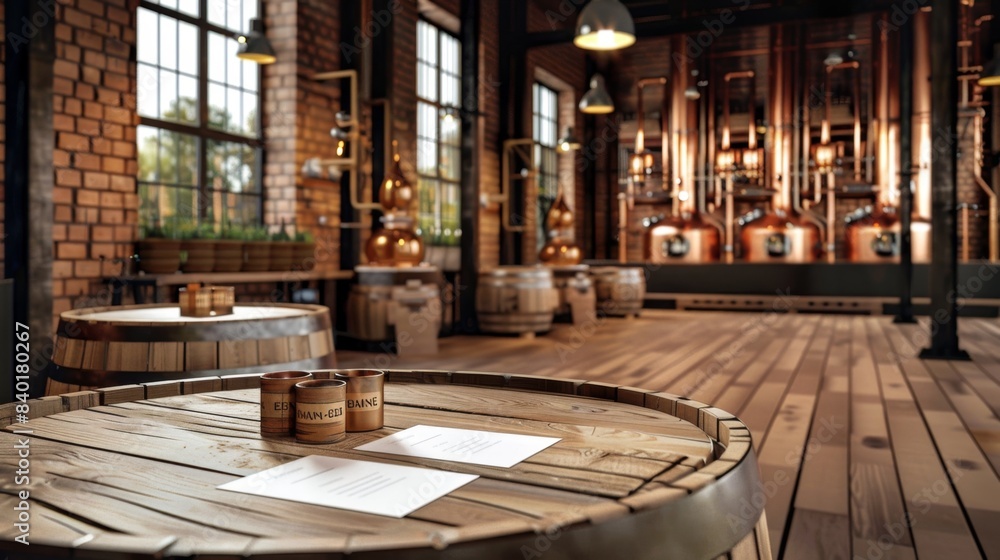 Fototapeta premium Artisanal Elegance Business Cards Await on Aged Oak Barrels in Distillery Haven