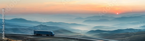 Sunrise over a scenic drive, a lone truck travels against a backdrop of layered mountains, highlighting the beauty of logistic journeys © Chanoknan