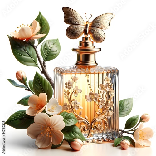 Detailreiches Bild eines luxuriösen Parfumflakons mit goldenen Verzierungen. Der Flakon ist mit filigranen Blumen- und Schmetterlingsmotiven dekoriert. Der Verschluss des Flakons ist elegant gestaltet photo