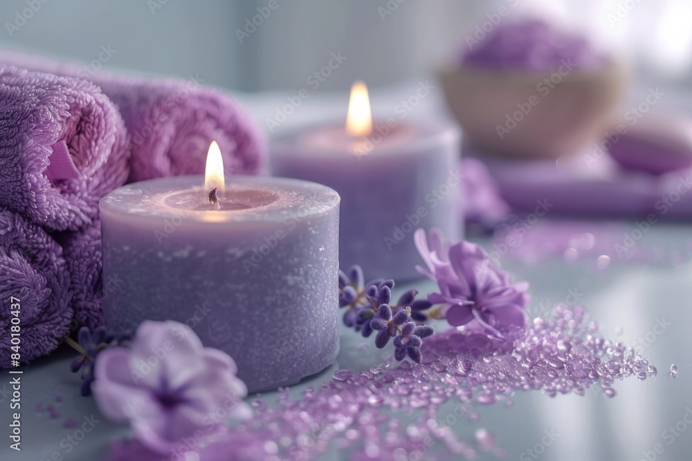 Purple towels, candles, lavender flowers on table Purple towels, candles, lavender flowers on table
