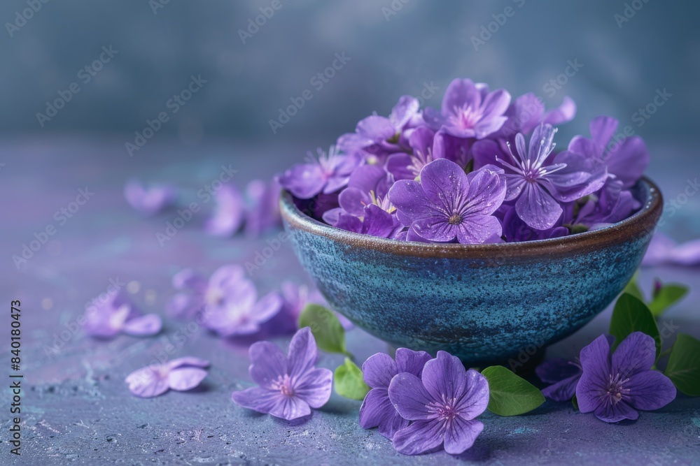 Violet blooms in blue dish on blue tabletop Violet blooms in blue dish on blue tabletop