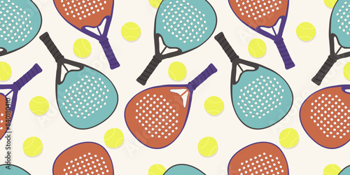 Padel tennis. Padel rackets and tennis balls. Vector seamless pattern
