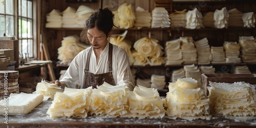 A man is surrounded by stacks of paper with cake decorating tips and recipes photo