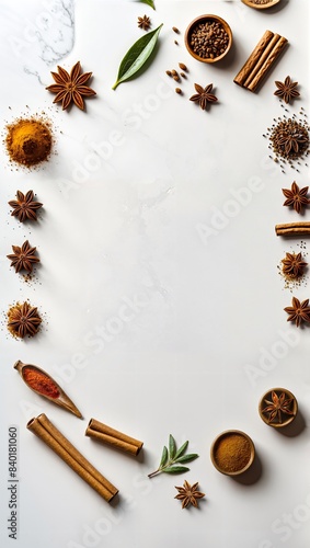 Assorted spices and herbs arranged in a frame on a white background, including star anise, cinnamon sticks, whole cloves, and dried chili peppers