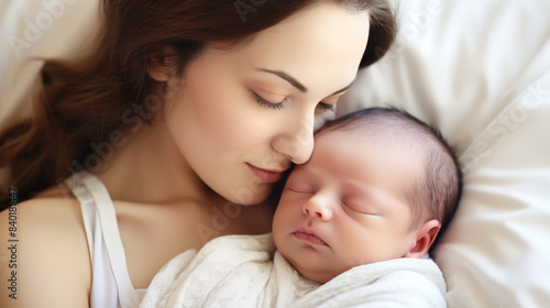 mother tenderly embraces her newborn baby with love and care, creating a beautiful and heartwarming bond that signifies unconditional affection and protection. © arayabandit
