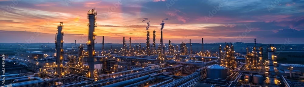 Illuminated complex of refineries and factories under a twilight sky, highlighting the powerful infrastructure of heavy industry Illuminated complex of refineries and factories under a twilight sky, highlighting the powerful infrastructure of heavy industry