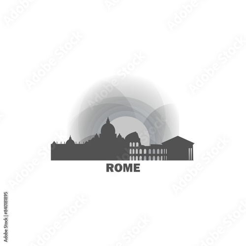 Rome skyline, downtown panorama logo, logotype. Italy capital city badge contour, isolated vector pictogram with cathedral, monuments, landmarks, skyscraper at sunrise, sunset