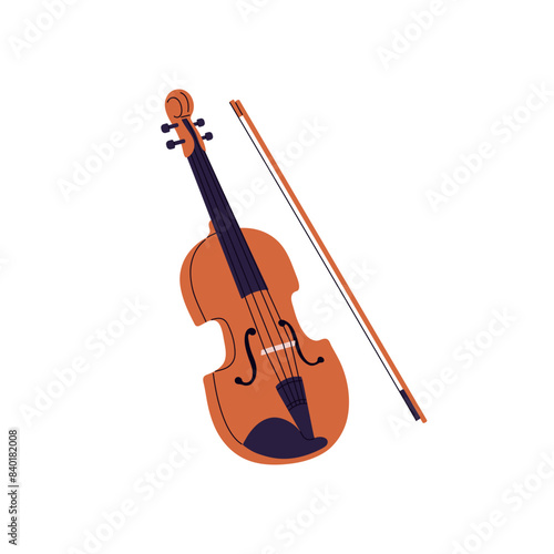 Violin with fiddlestick to play classical music concert, symphony. Wooden fiddle, professional viola icon. Philharmonic bowed string instrument. Flat isolated vector illustration on white background