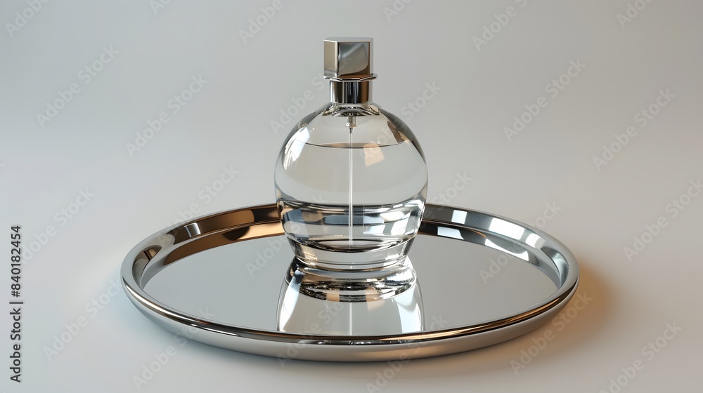 Blank Label Perfume Bottle: A stylish perfume bottle with no label on a mirrored tray. Blank Label Perfume Bottle: A stylish perfume bottle with no label on a mirrored tray.