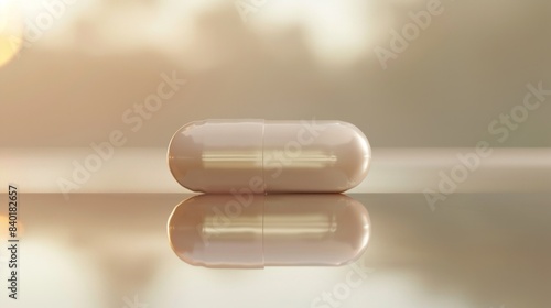 Pharmaceutical Innovation Clear Pill Capsule Reflection on Mirrored Surface with Soft Background