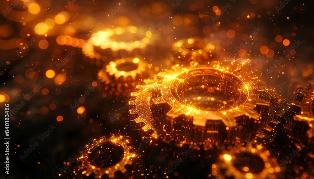 Abstract close-up of glowing gears with golden industrial machinery sparks, symbolizing innovation, technology, and mechanical engineering. Abstract close-up of glowing gears with golden industrial machinery sparks, symbolizing innovation, technology, and mechanical engineering.