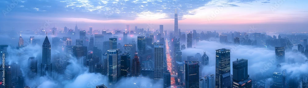 Obraz premium Ethereal cityscape enveloped in a soft blue mist, creating a dreamy and surreal urban atmosphere