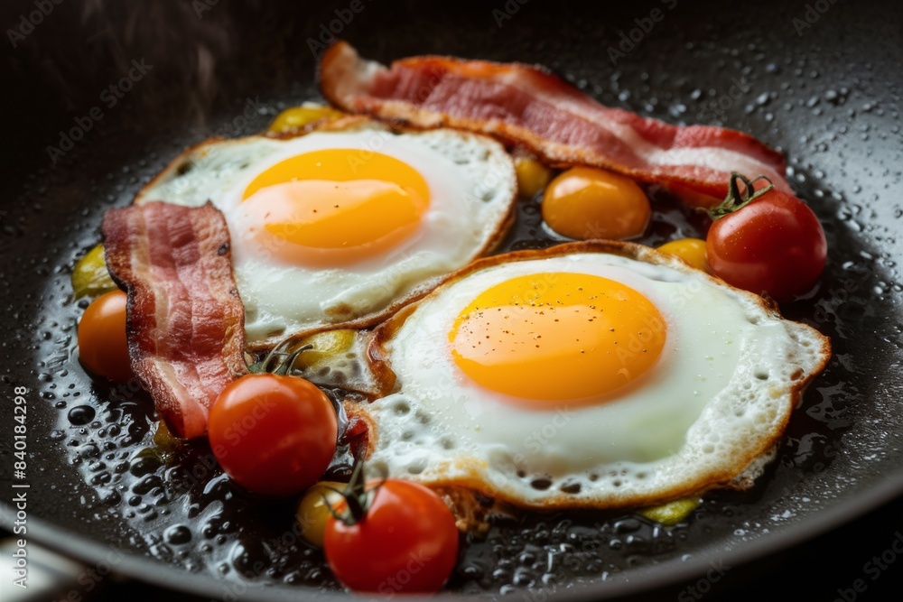 Delicious Fried Eggs with Crispy Bacon and Fresh Cherry Tomatoes in a Skillet Delicious Fried Eggs with Crispy Bacon and Fresh Cherry Tomatoes in a Skillet