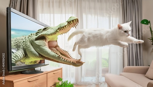 A startled white cat leaps mid-air, seemingly escaping the jaws of a ferocious crocodile emerging from a television screen.  photo