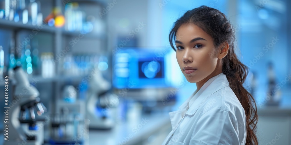 Confident Female Scientist in Modern Laboratory with Advanced Equipment Confident Female Scientist in Modern Laboratory with Advanced Equipment