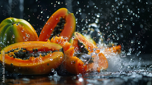 Juicy ripe papayas fruit surrounded by refreshing splashes of water
