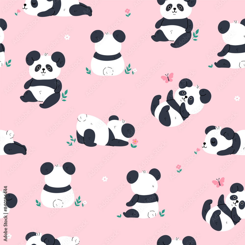 Seamless pattern with cute kawaii pandas on a pink background. Vector graphics. Seamless pattern with cute kawaii pandas on a pink background. Vector graphics.