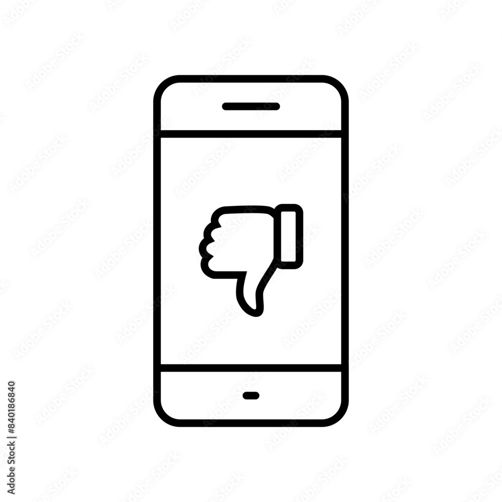 Hand thumb down icon on phone screen. Dislike on cellphone display Hand thumb down icon on phone screen. Dislike on cellphone display