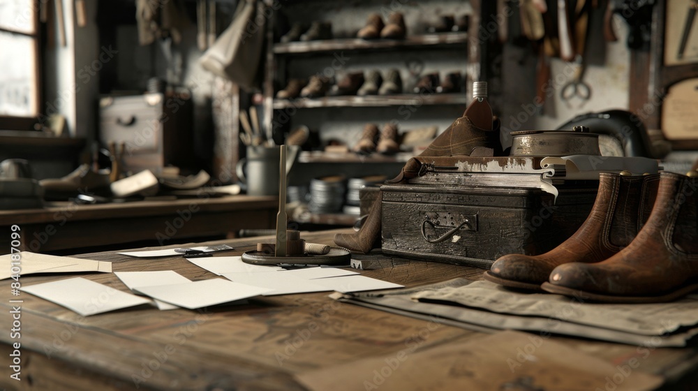 Fototapeta premium Artisan Craftsmanship Custom Cobbler's Bench with Leather Shoes Tools and Business Cards