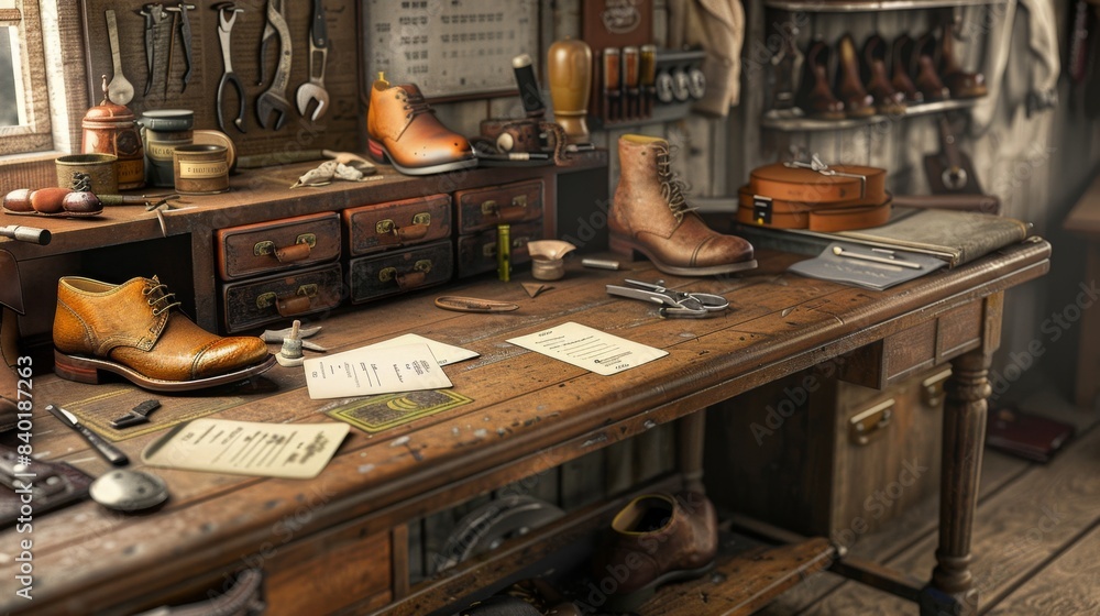 Artisan Craftsmanship Custom Cobbler's Bench with Leather Shoes Tools and Business Cards Artisan Craftsmanship Custom Cobbler's Bench with Leather Shoes Tools and Business Cards